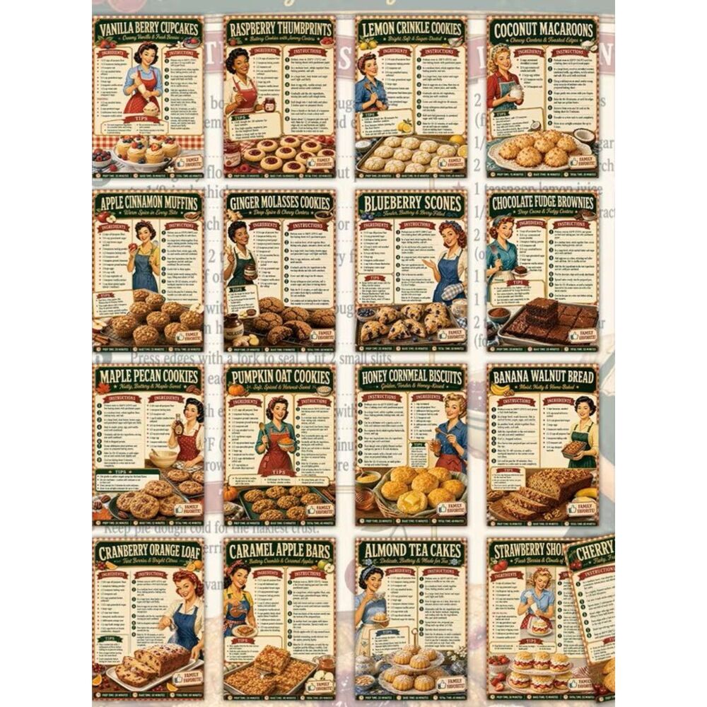 21 Pack Vtg Style 1950s Cookie Exchange Recipe Cards Retro Junk Journal Crafts